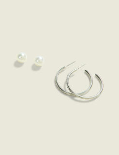 Silver Pearl & Hoop Earring Set