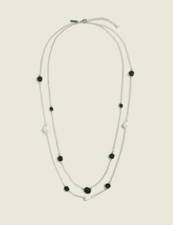 Black Imitation Stone & Pearlized Multi-Row Necklace