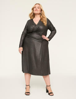 Shimmer Foiled Faux-Wrap Ruched-Bodice Midi Dress