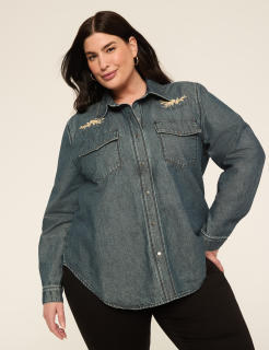 Denim Applique Button-Down Blouse