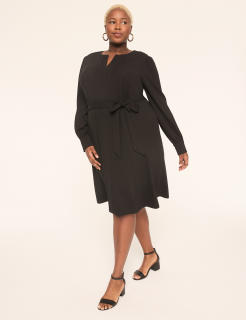 Ponte Twill Tie-Waist Long-Sleeve Dress