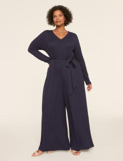 Long-Sleeve Wide Leg Ribbed Jumpsuit