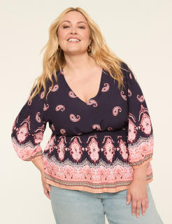 3/4-Sleeve V-Neck Peplum Blouse