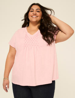 Short-Sleeve V-Neck Smocked Top