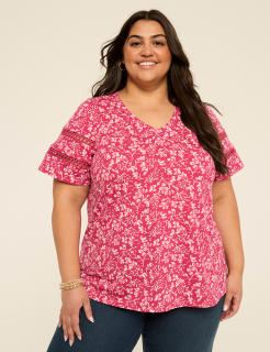 Short-Sleeve V-Neck Crochet Tee