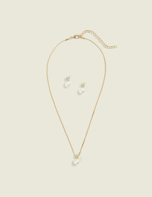 Pearlized & Imitation Stone Necklace & Earring Set