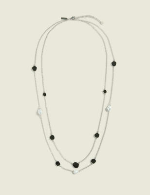 Black Imitation Stone & Pearlized Multi-Row Necklace