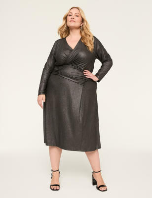 Shimmer Foiled Faux-Wrap Ruched-Bodice Midi Dress