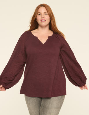 Knit & Woven Jacquard 3/4-Sleeve Top
