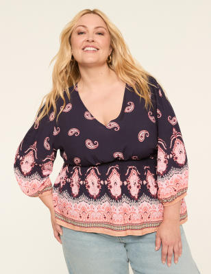 3/4-Sleeve V-Neck Peplum Blouse