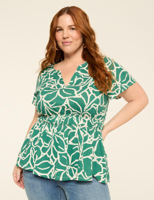 Short-Sleeve Notch-Neck Peplum Top