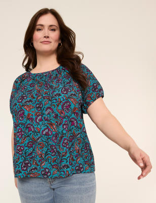 Crew-Neck Puff-Sleeve Crinkle Top
