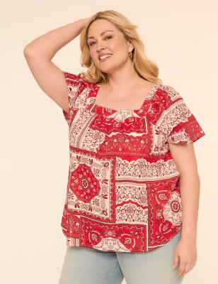 Swing Flutter-Sleeve Square-Neck Blouse