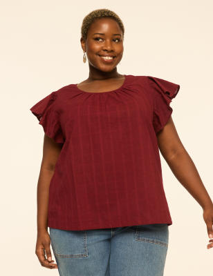 Flutter-Sleeve Scoop-Neck Popover Blouse