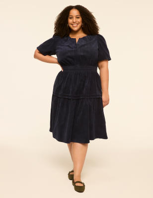 Puff-Sleeve Tiered Corduroy Dress