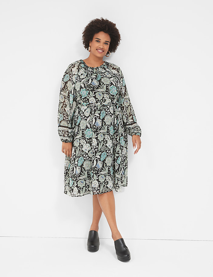 Lurex Ruffle-Trim Notch-Neck Mini Dress