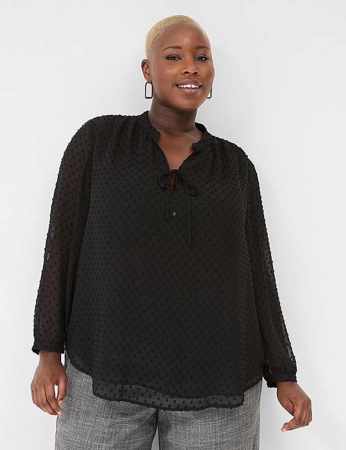 Clip Dot Split-Neck Popover Blouse