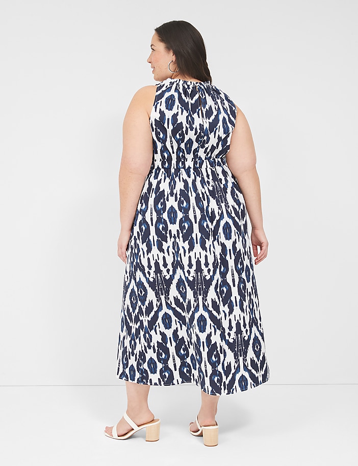 Elastic-Neck Tie-Waist Midi Dress