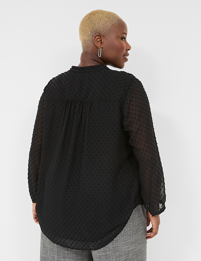 Clip Dot Split-Neck Popover Blouse