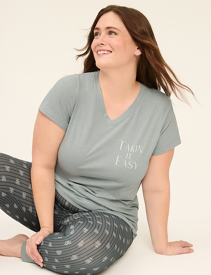 Comfy Cotton V-Neck Tunic Tee & Legging PJ Set