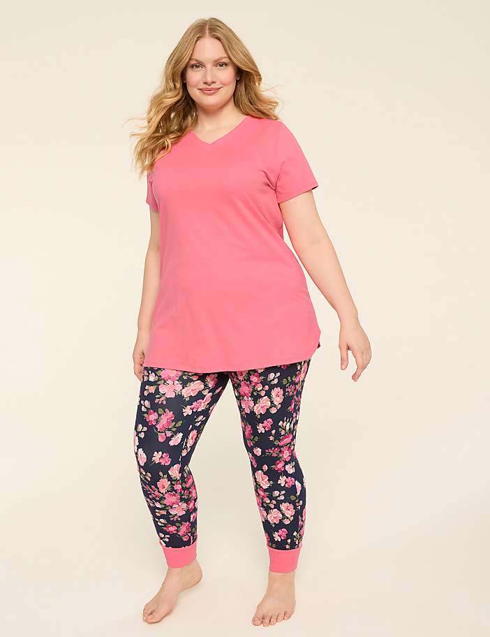 Comfy Cotton V-Neck Tunic Tee & Legging PJ Set