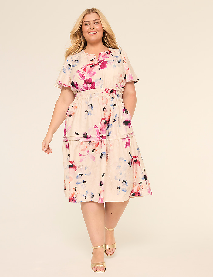 Surplice Neck Smocked Waist Tiered Textured Dress