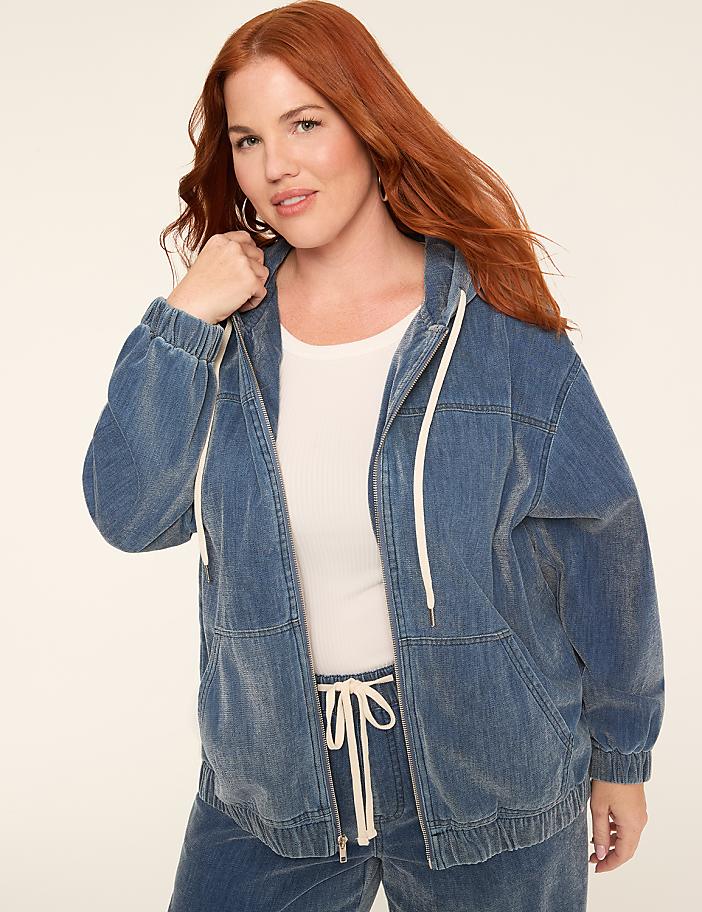 Cloud Knit Denim Zip-Front Hoodie