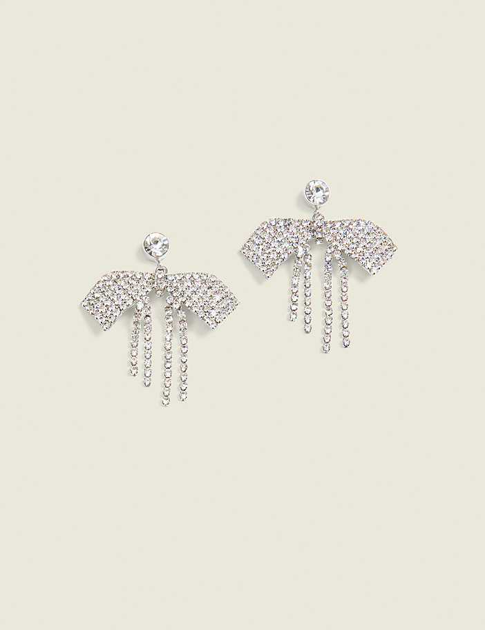 Bow Silvertone Pave Drop Earrings