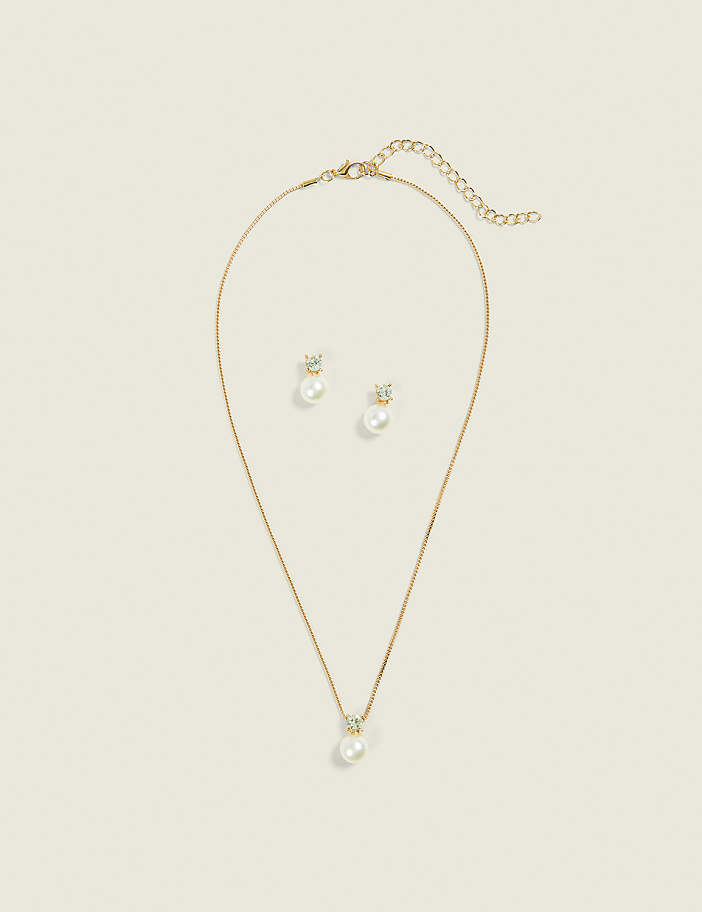 Pearlized & Imitation Stone Necklace & Earring Set