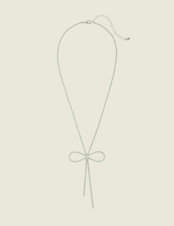 Silvertone Pave Bow Necklace