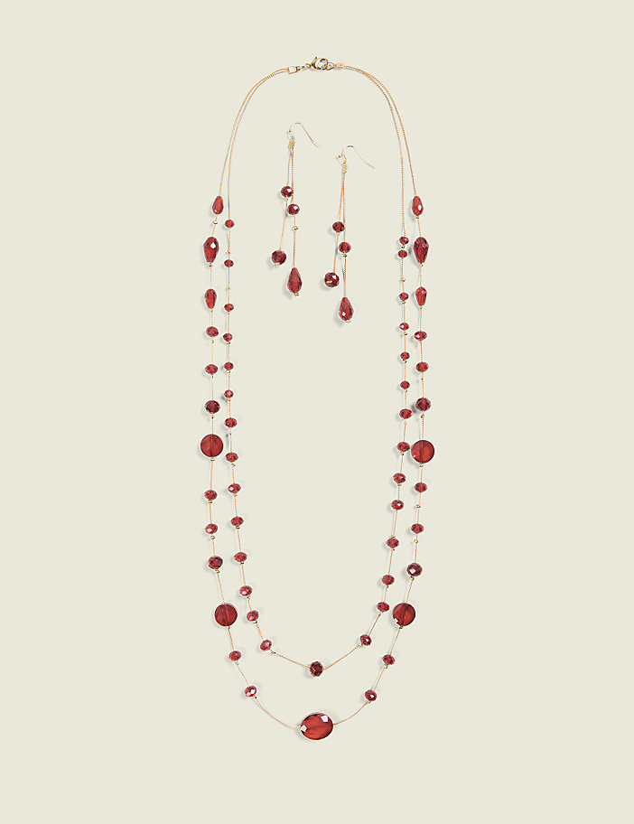 Long Red Beaded Necklace & Earring Set