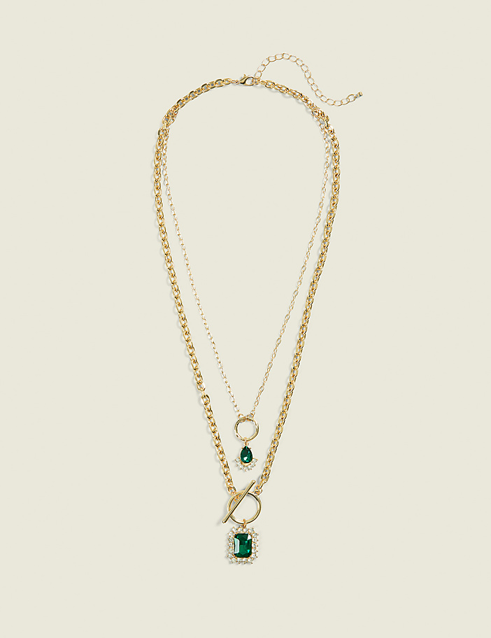 Green & Pave Multi Row Necklace