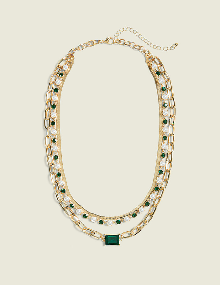 Green & Pearlized Multi-Row Necklace