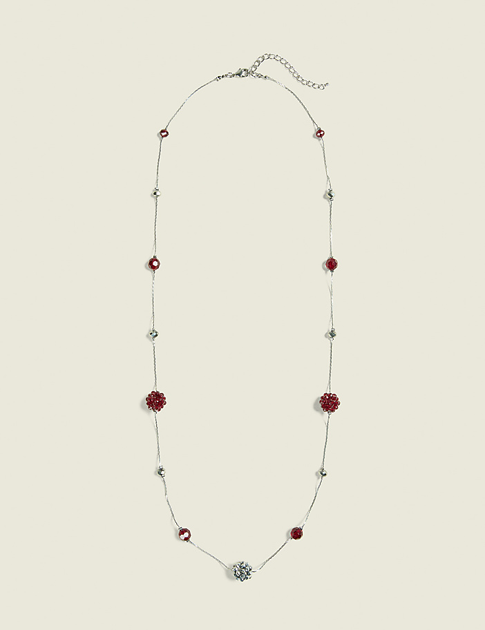 Silvertone & Burgundy Beaded Single Row Necklace