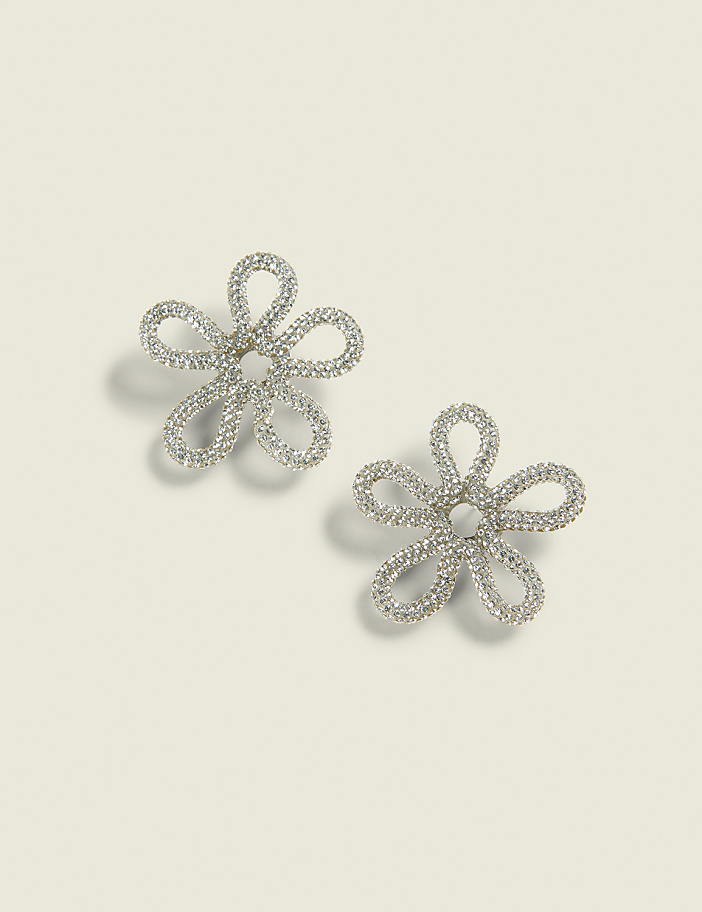 Silvertone Pave Flower Earrings