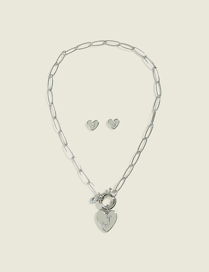 Silver Heart Initial Necklace & Earrings Set