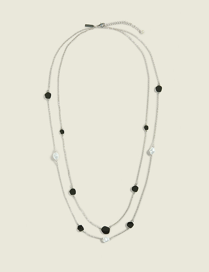 Black Imitation Stone & Pearlized Multi-Row Necklace