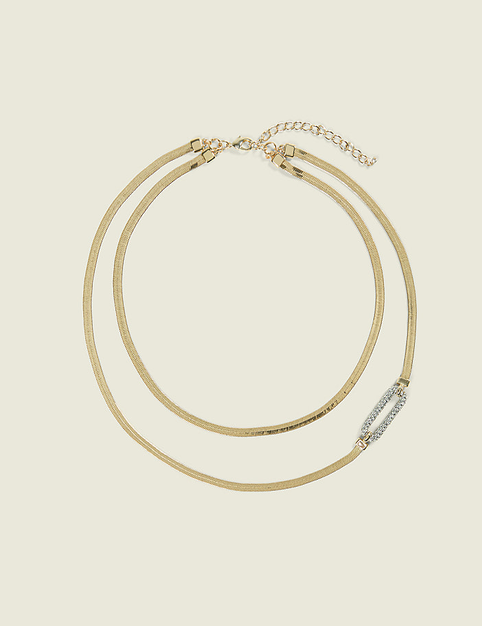 Pave Clip Gold Multi Row Necklace