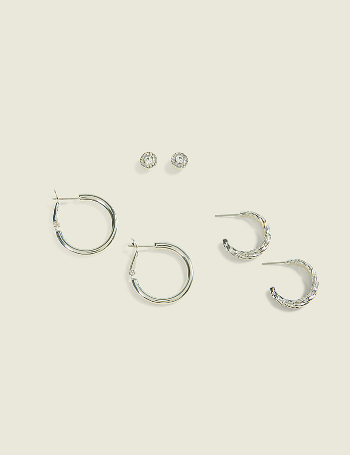 3-Pack Silver Textured Hoop & CZ Stud Earring