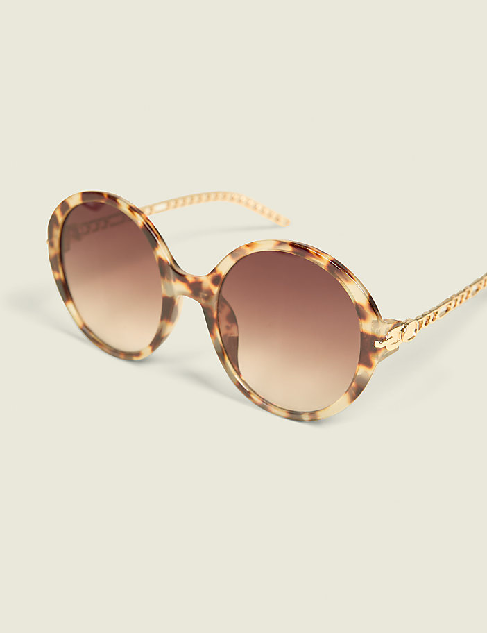 Tortoiseshell Print Chain-Detail Round Sunglasses
