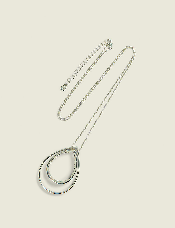 Silvertone Pave Teardrop Pendant Necklace