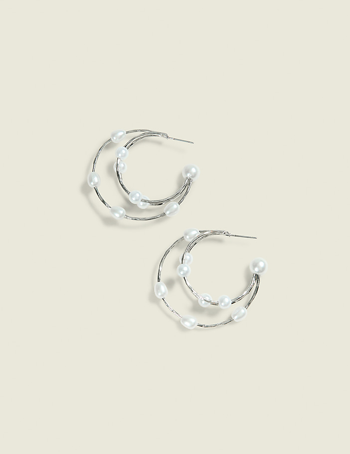 Silvertone & Pearl Hoop Earrings
