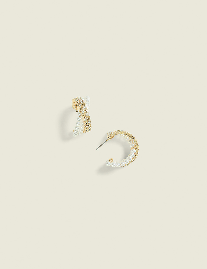 Pave & Pearl Crossover Hoop Earrings