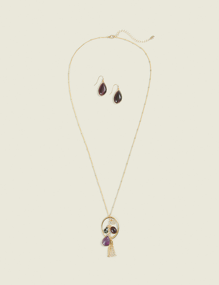 Purple Imitation Stone Necklace & Earring Set