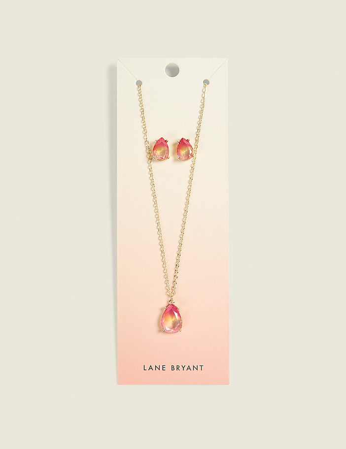 Pink & Yellow Ombre Imitation Stone Necklace & Earring Set