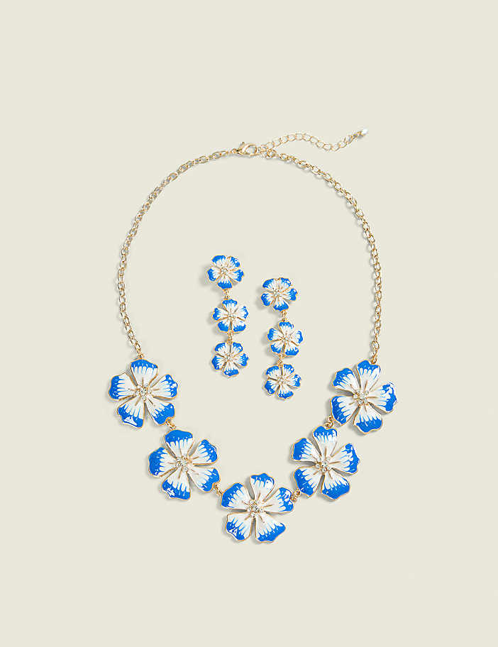 Blue & White Flower Statement Necklace & Earring Set
