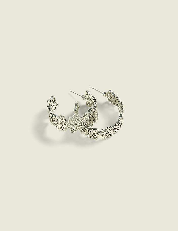 Silvertone Lotus Flower Hoop Earrings