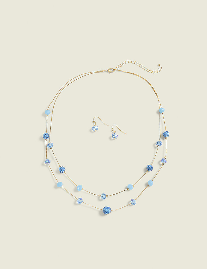 Blue Beaded Multi-Row Necklace & Earring Set