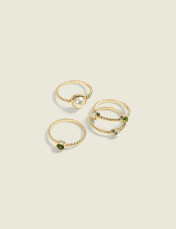 Green & Pearlized Textured Ring Stack