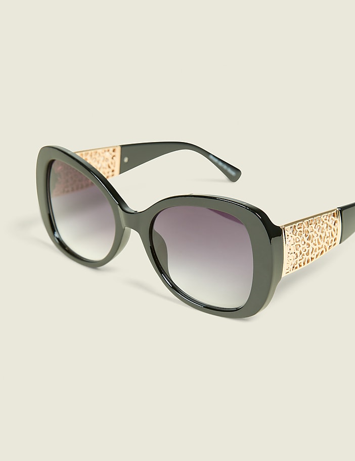 Black & Goldtone Filigree Round Sunglasses